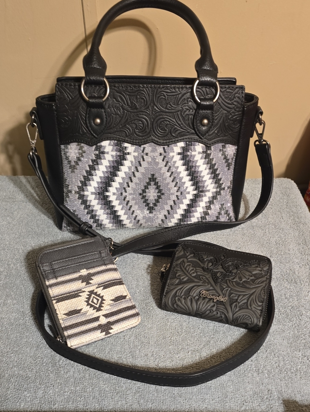 Montana West Black Crossbody with Gray Aztec Panel And Wallets